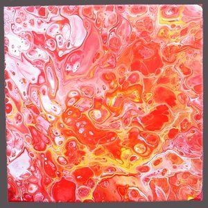 ACRYLIC PAINTING 14 x 14 SQUARE FIREDANCE RED ORANGE YELLOW GOLD FLUID ART POUR